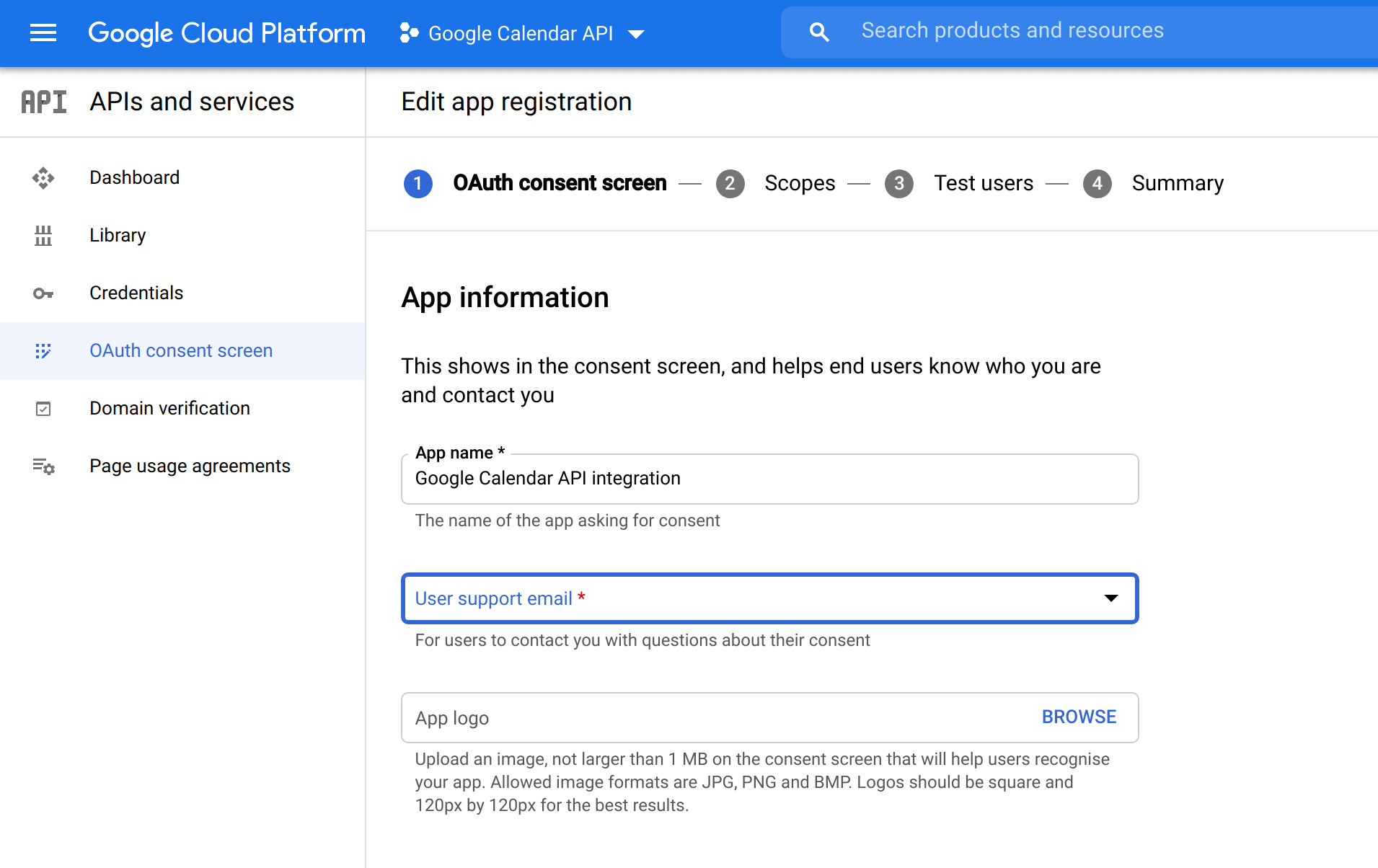 Screenshot of the OAuth consent screen in the Google Cloud Platform