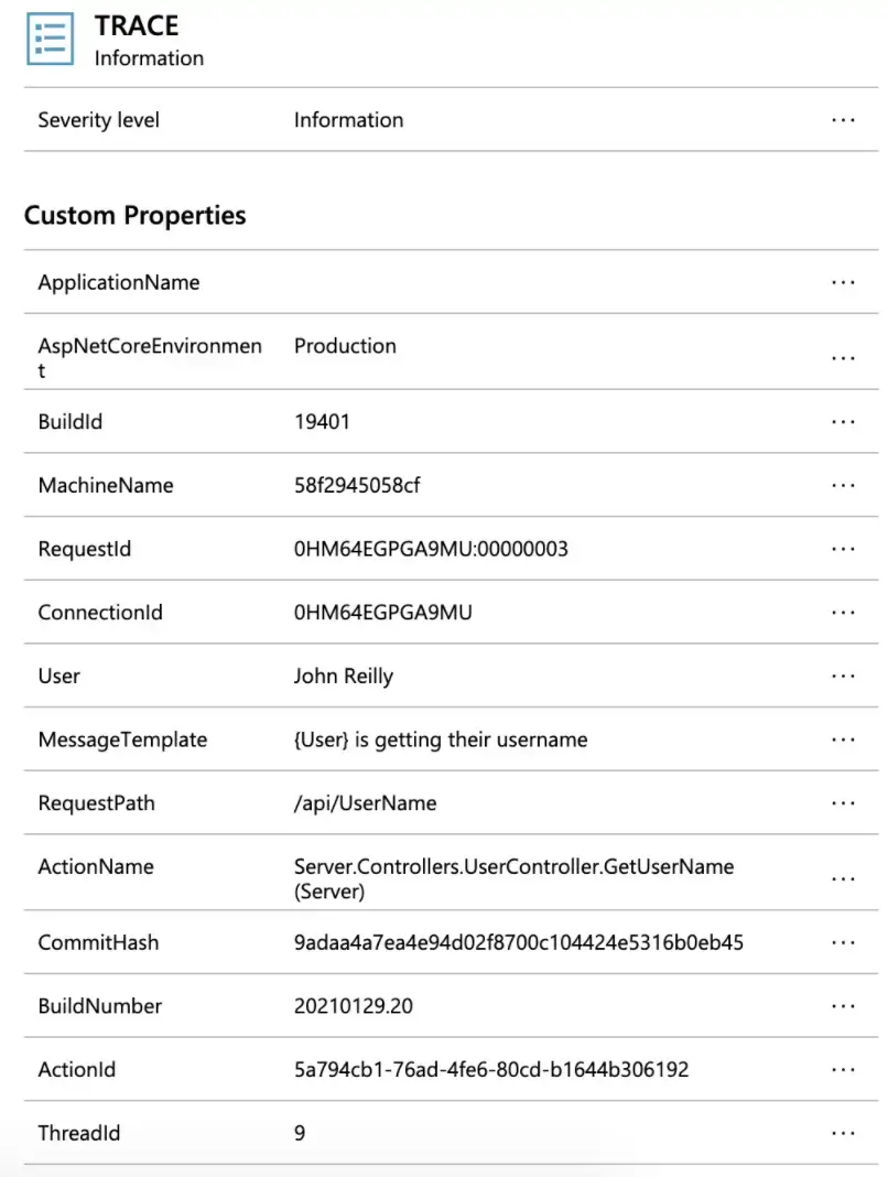 screenshot of application insights with our output