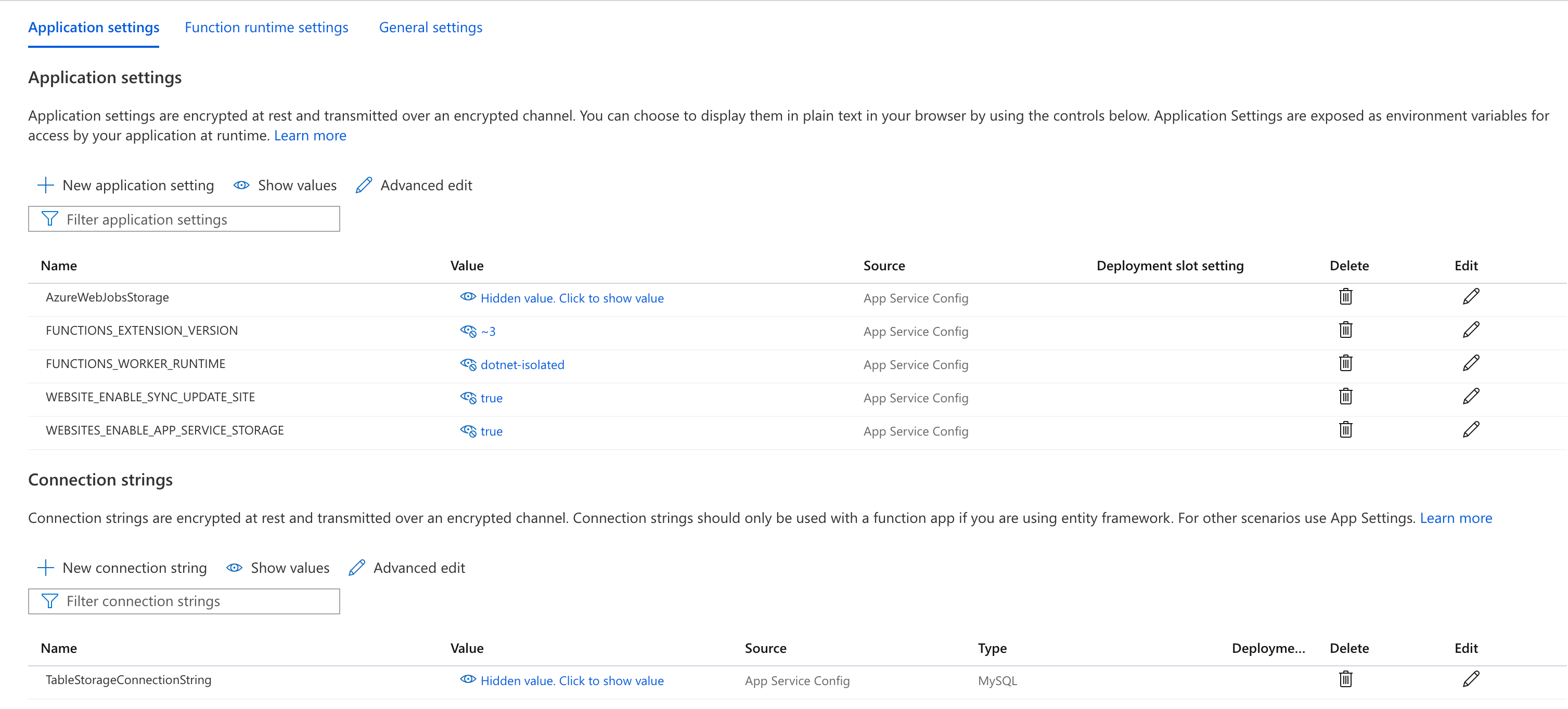 screenshot of Azure Application Settings