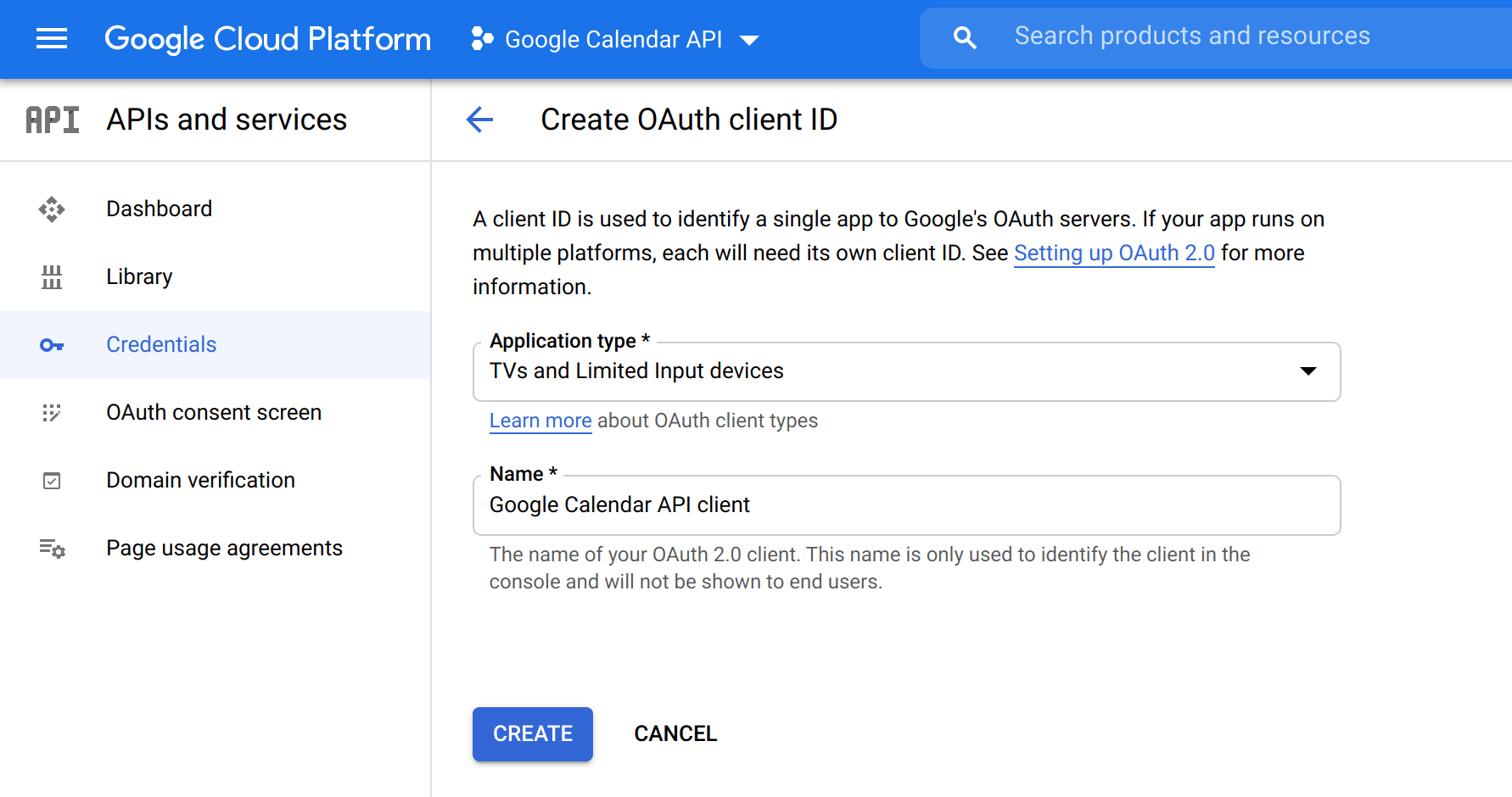Screenshot of the create OAuth Client ID screen in the Google Cloud Platform