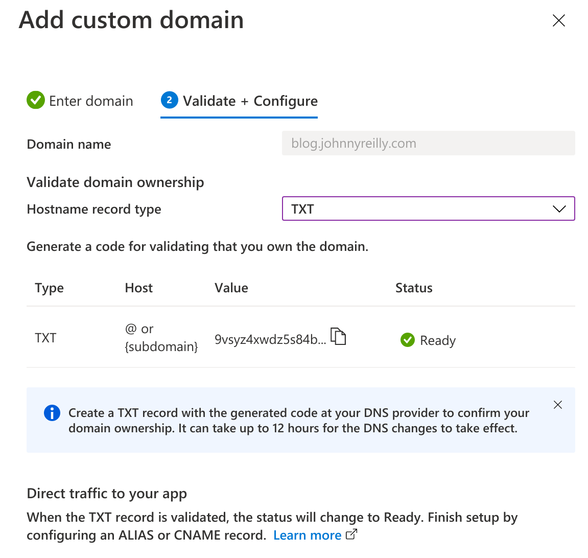 screenshot of the Azure Portal Add Custom Domain screen with domain validated