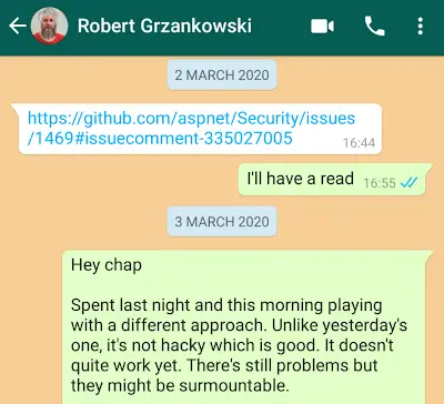 screenshot of WhatsApp message with a link in it