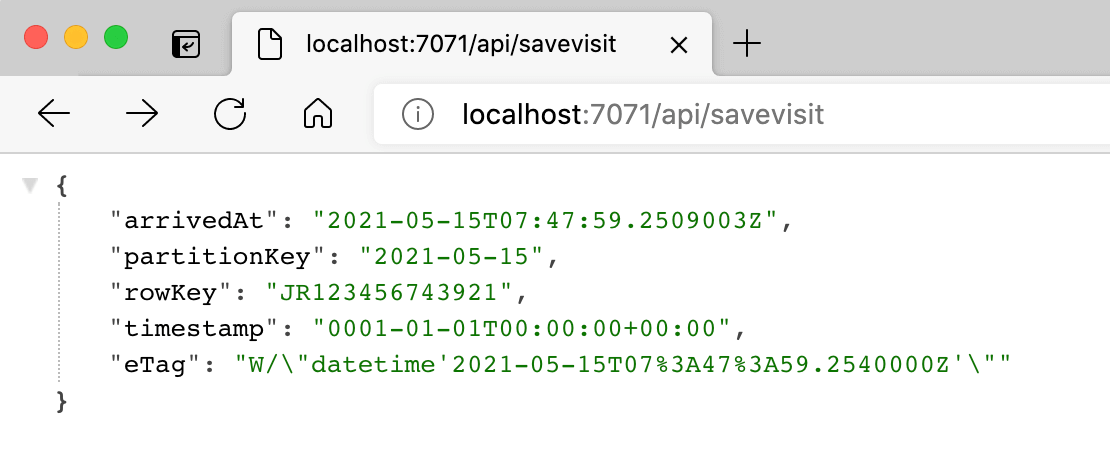 a screenshot of the response from the savevisits endpoint