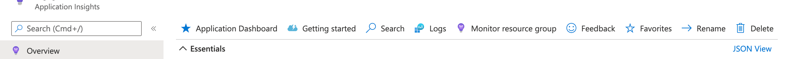 screenshot of the application insights overview screen with a JSON View icon on the right