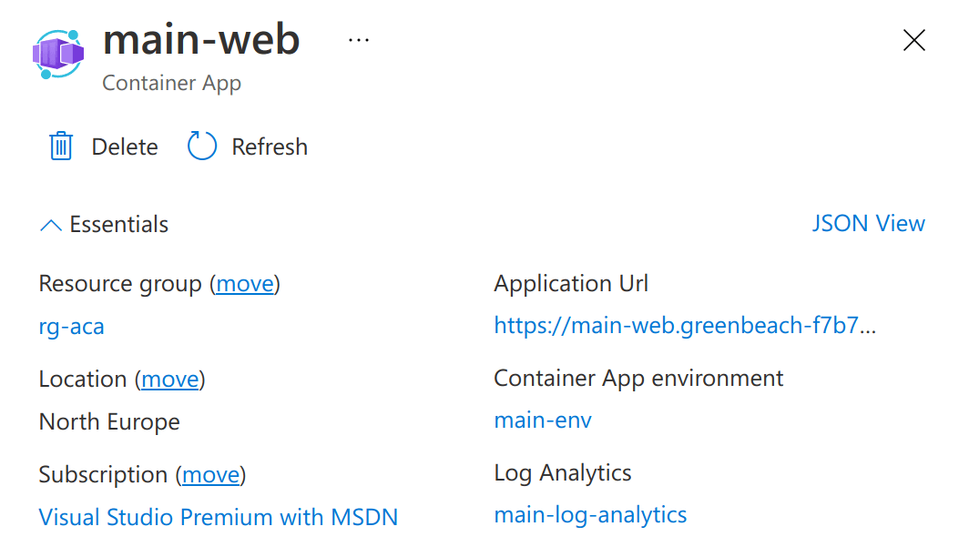 screenshot of the web Azure Container App&#39;s in the Azure Portal