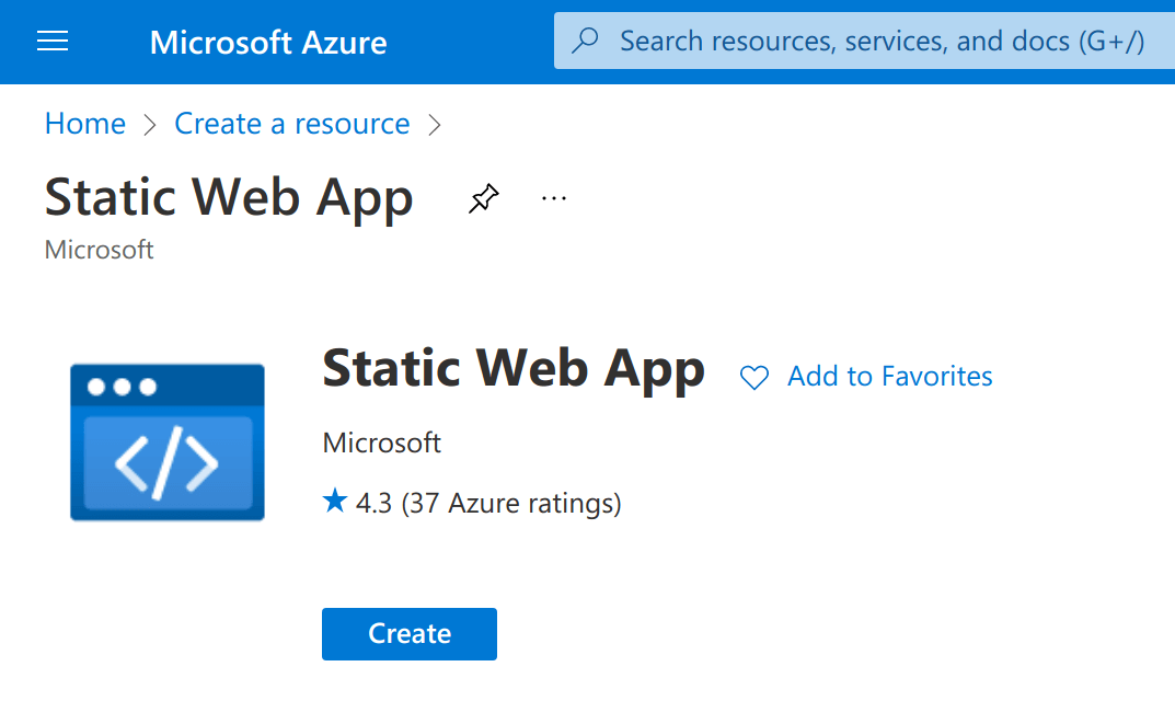 Screenshot of the Azure Portal, &quot;Create a resource&quot; Azure Static Web Apps section