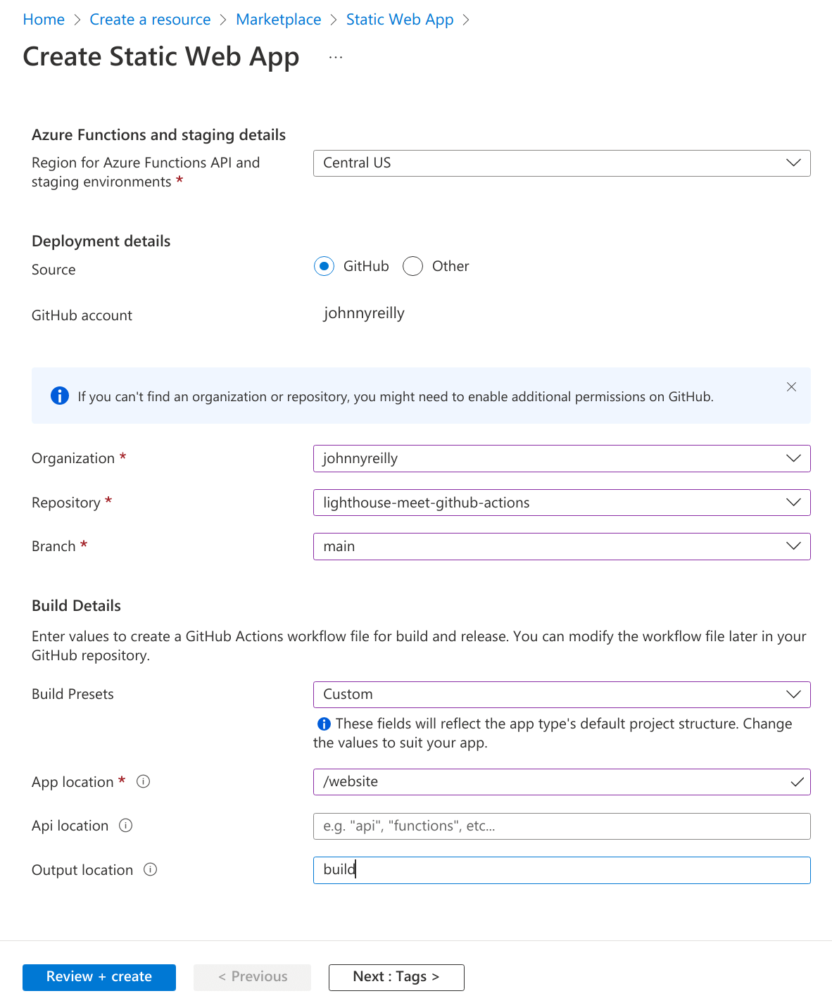 Screenshot of the Azure Portal, &quot;Create a resource&quot; Azure Static Web Apps dialog - repository settings