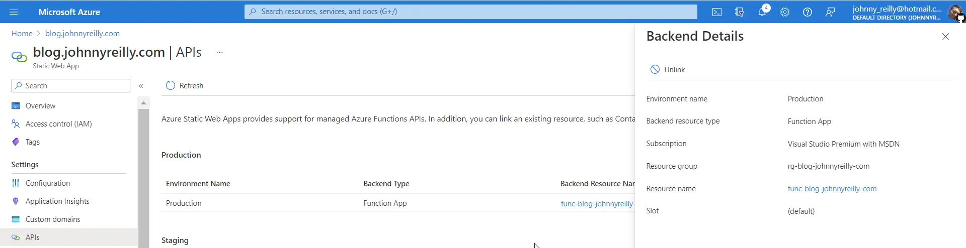 The function app is now linked to the static web app as demonstrated in the Azure Portal