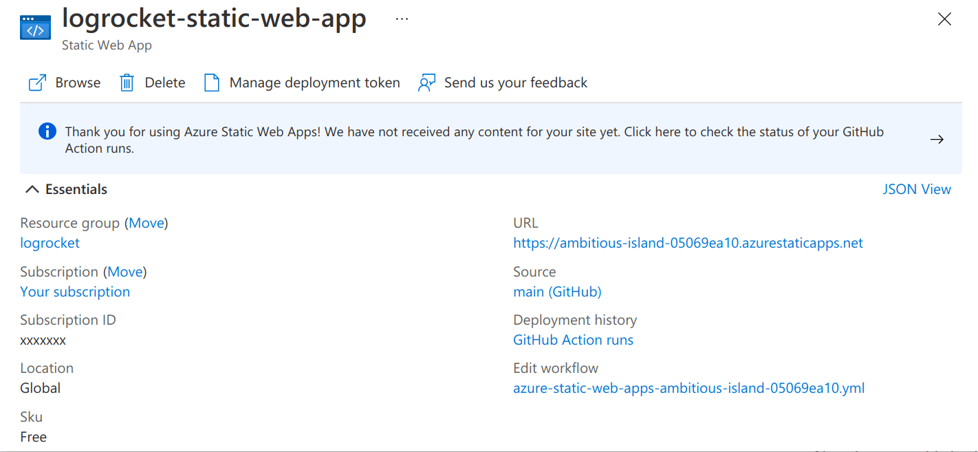 Screenshot of the Azure Portal, your Azure Static Web Apps resource