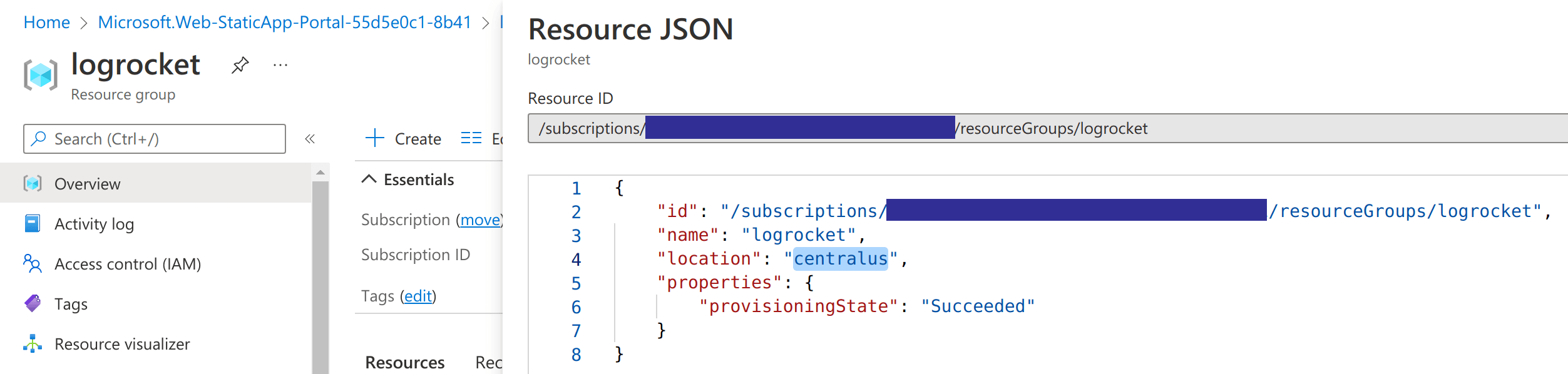 screenshot of the resource group JSON view with location highlighted