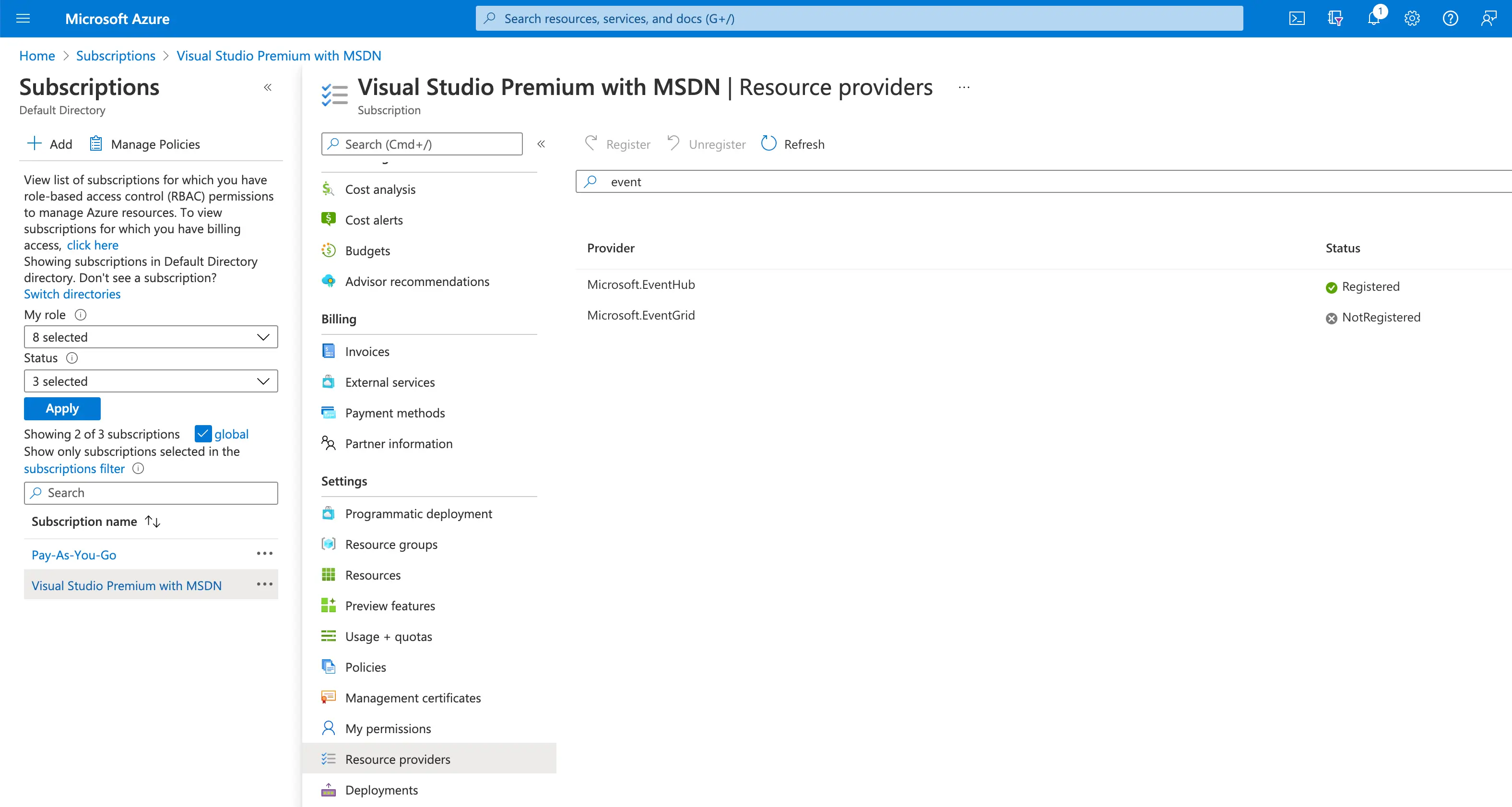 Screenshot of the Azure Portal, subscriptions -&gt; resource providers section, showing that Event Hubs have been registered
