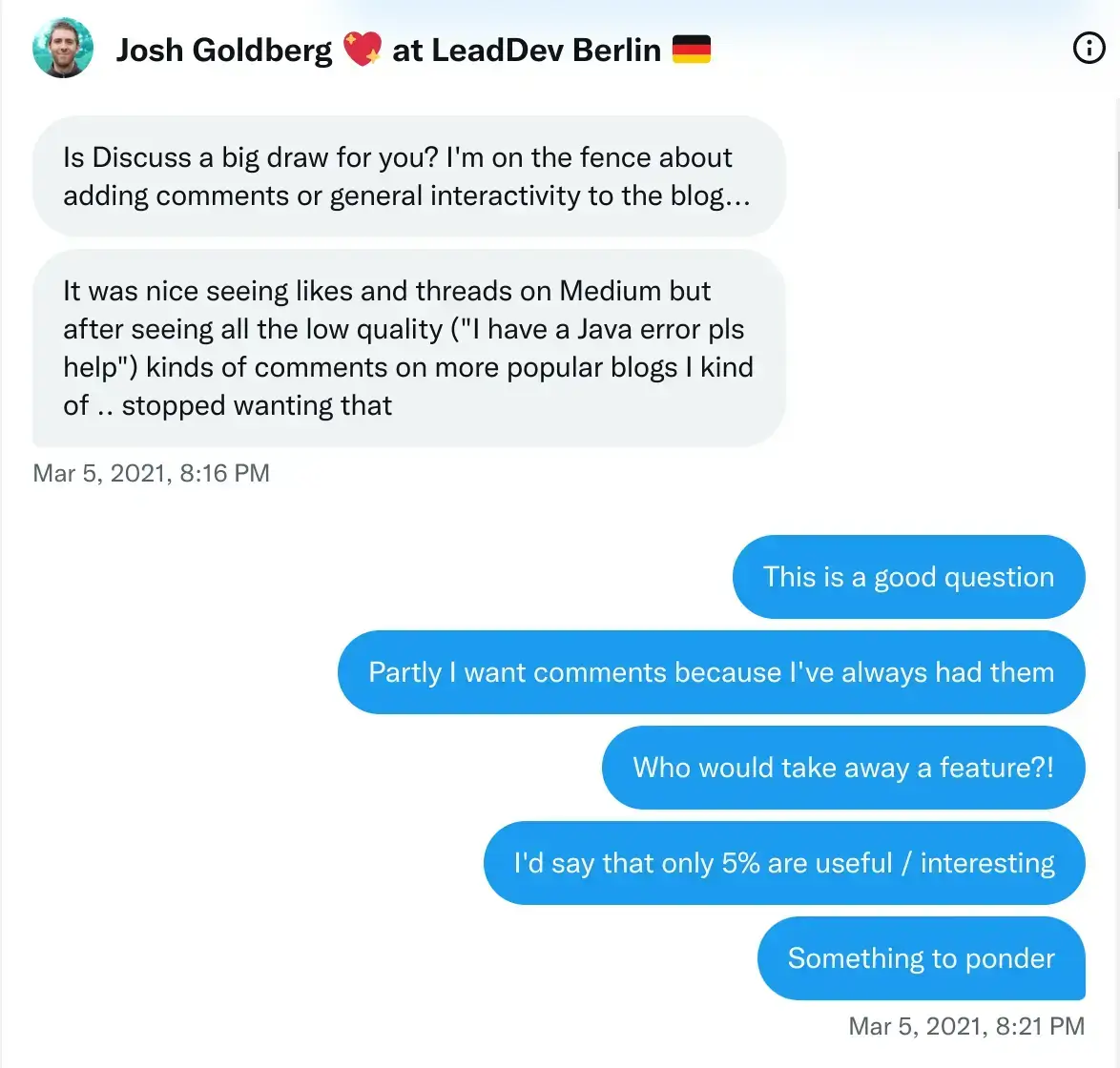 discussion on Twitter with Josh Goldberg on the topic of the value of comments in blog posts