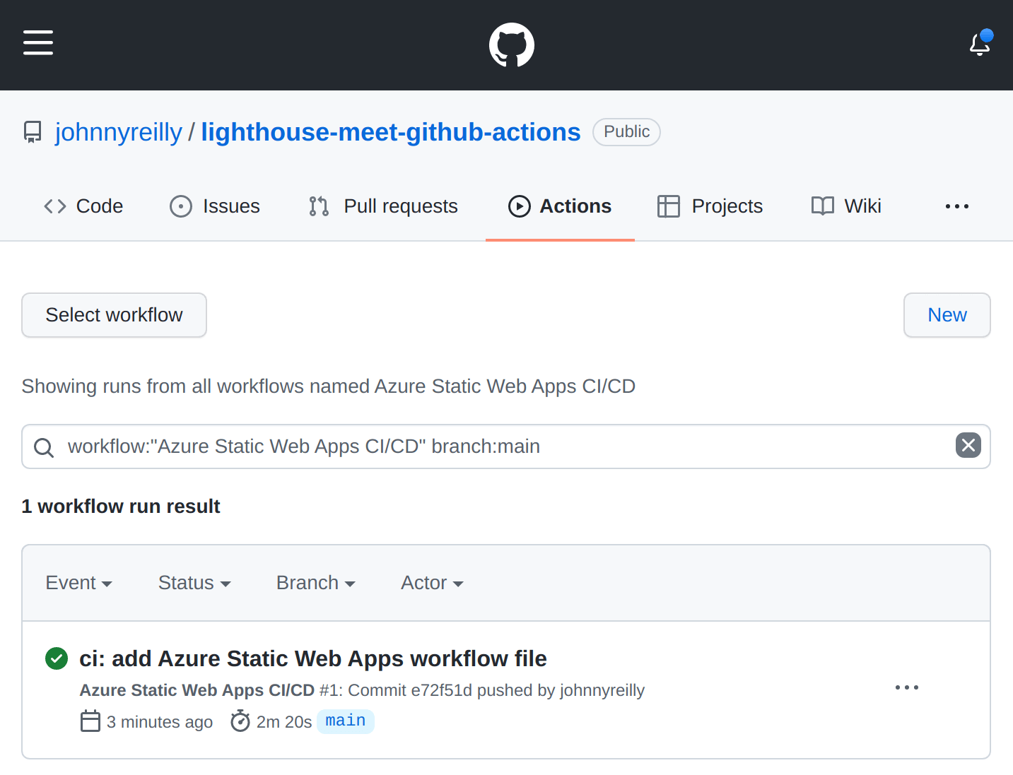 Screenshot of the GitHub Action