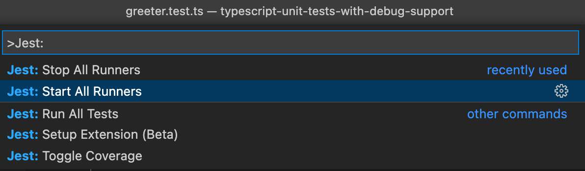 screenshot of the Jest: Start All Runners command in VS Code