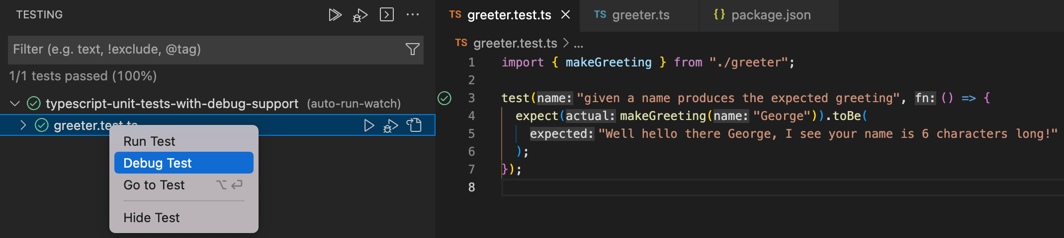 screenshot of the context menu in the Jest explorer featuring the words &quot;Debug Test&quot;