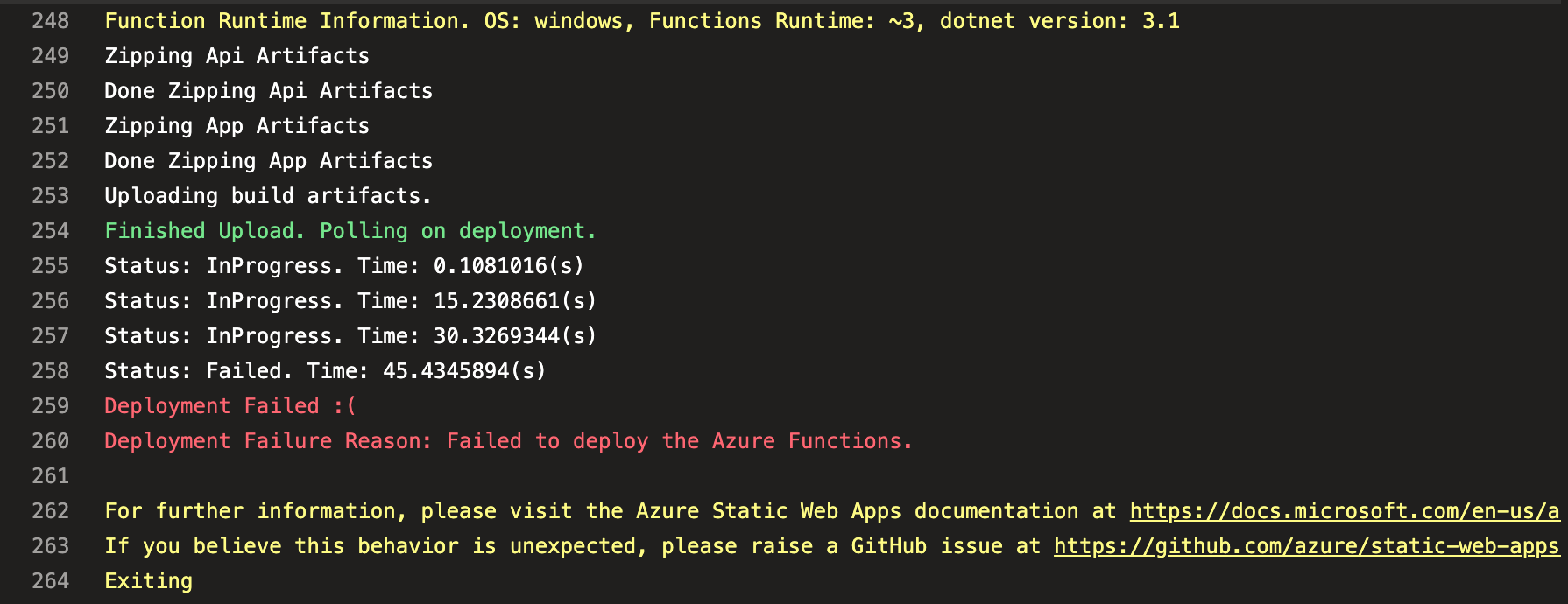 screenshot of an Azure Pipeines run featuring the words &quot;Failed to deploy the Azure Functions&quot;