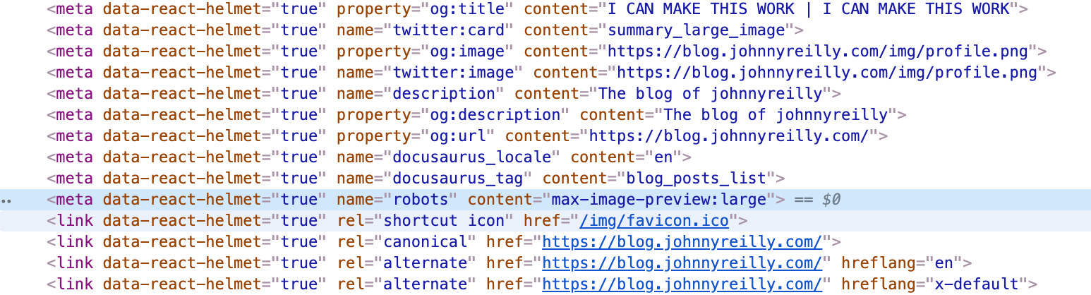 screenshot of the &lt;meta name=&quot;robots&quot; content=&quot;max-image-preview:large&quot;&gt; tag taken from Chrome Devtools