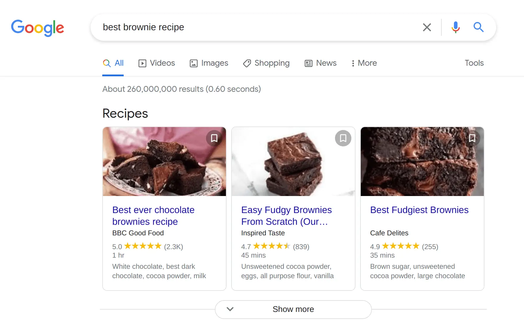screenshot of google search results for &quot;best brownie recipe&quot; including a rich text results set at the top of the list showing recipes from various sources