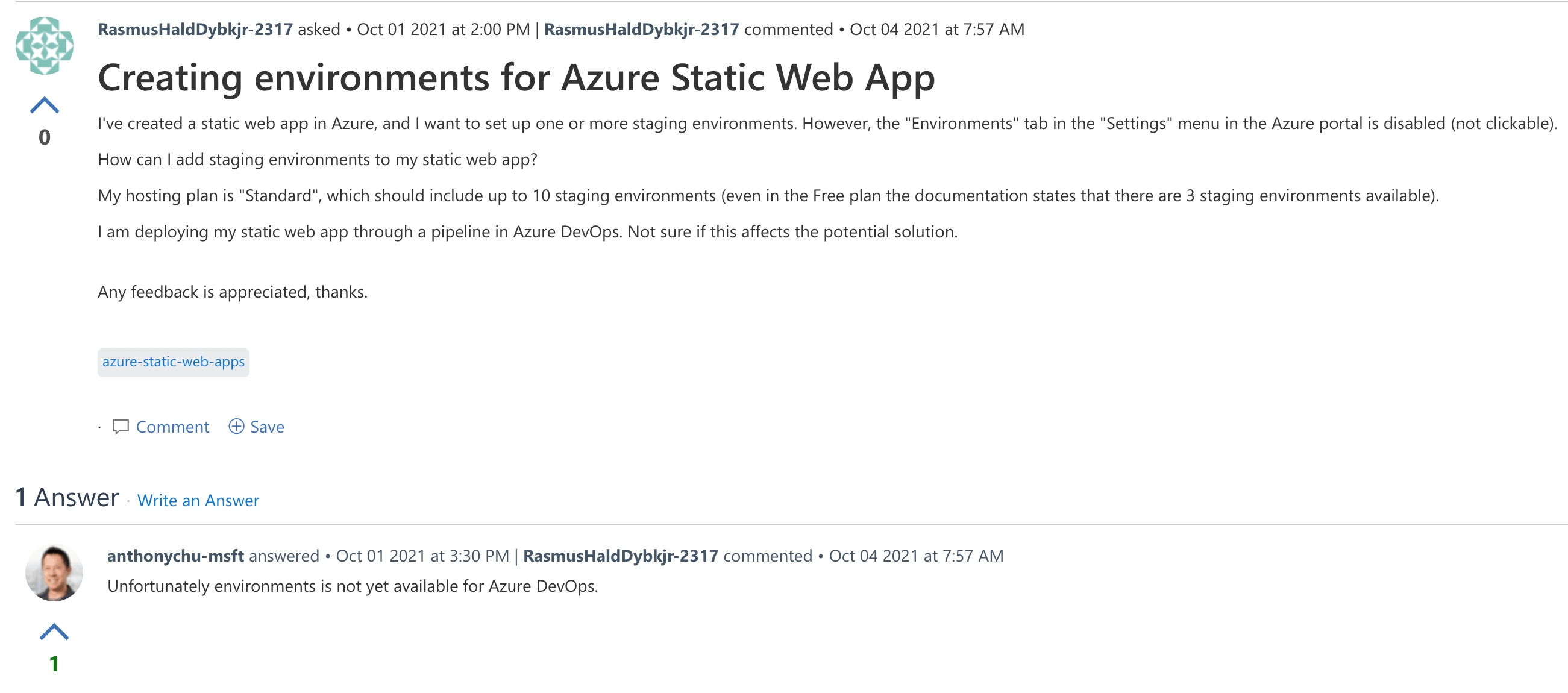 screenshot of Anthony Chu at Microsoft saying &quot;Unfortunately environments is not yet available for Azure DevOps.&quot;