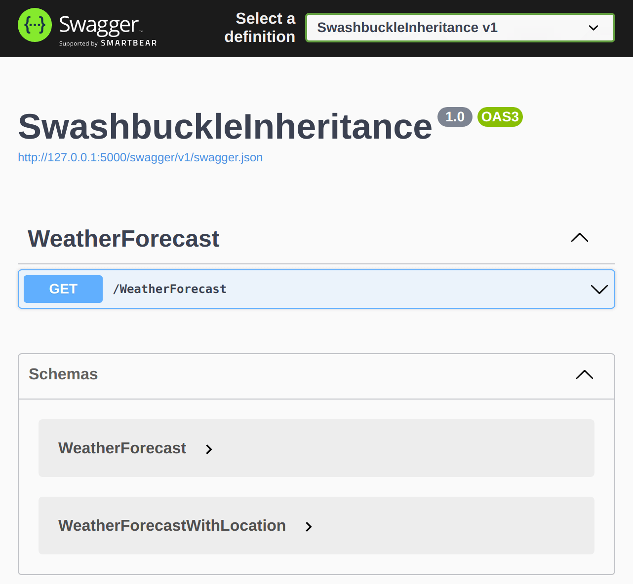 screenshot of swagger UI including `WeatherForecast` and `WeatherForecastWithLocation`