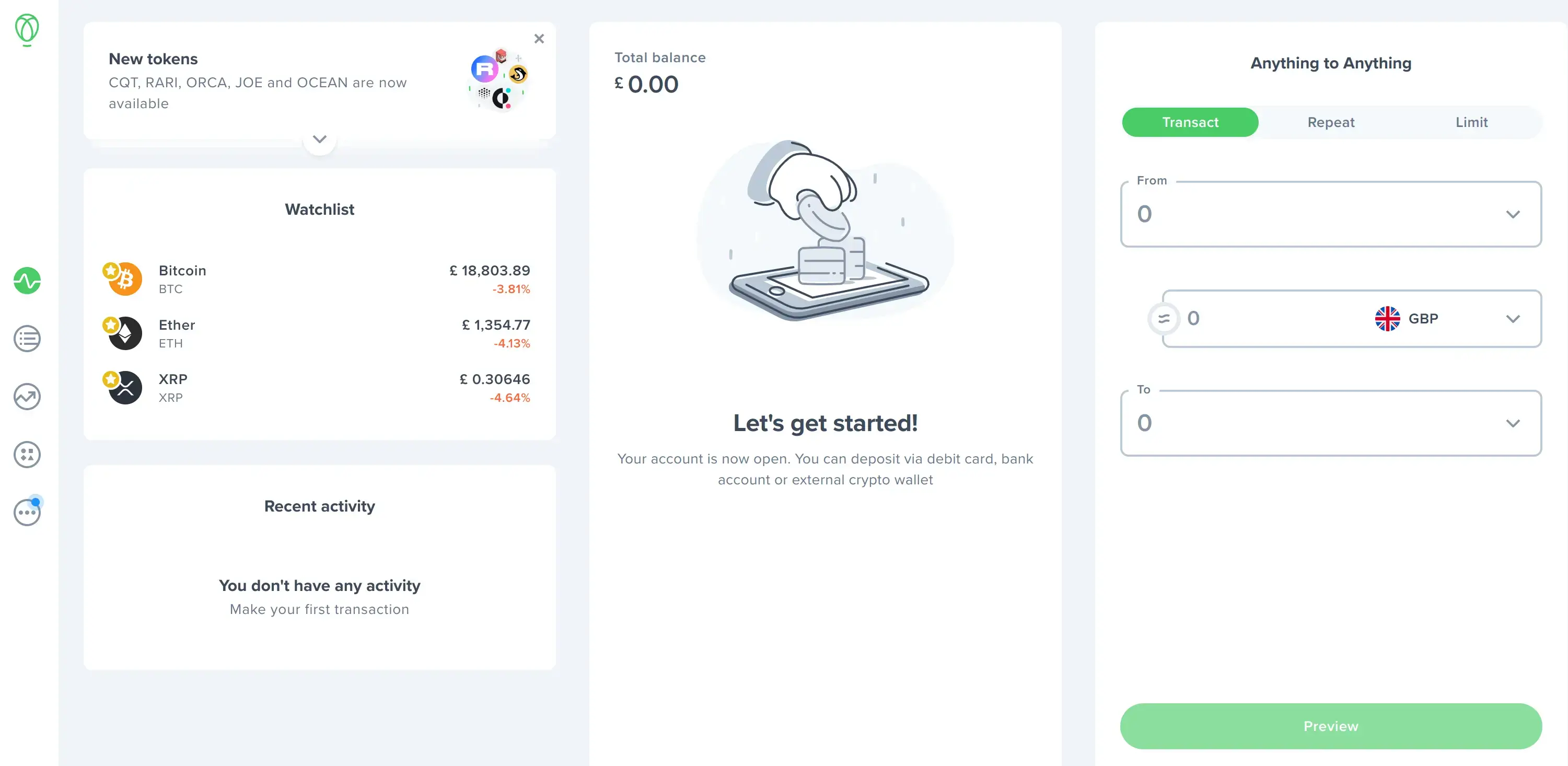 screenshot of the dashboard of uphold with a balance of £0
