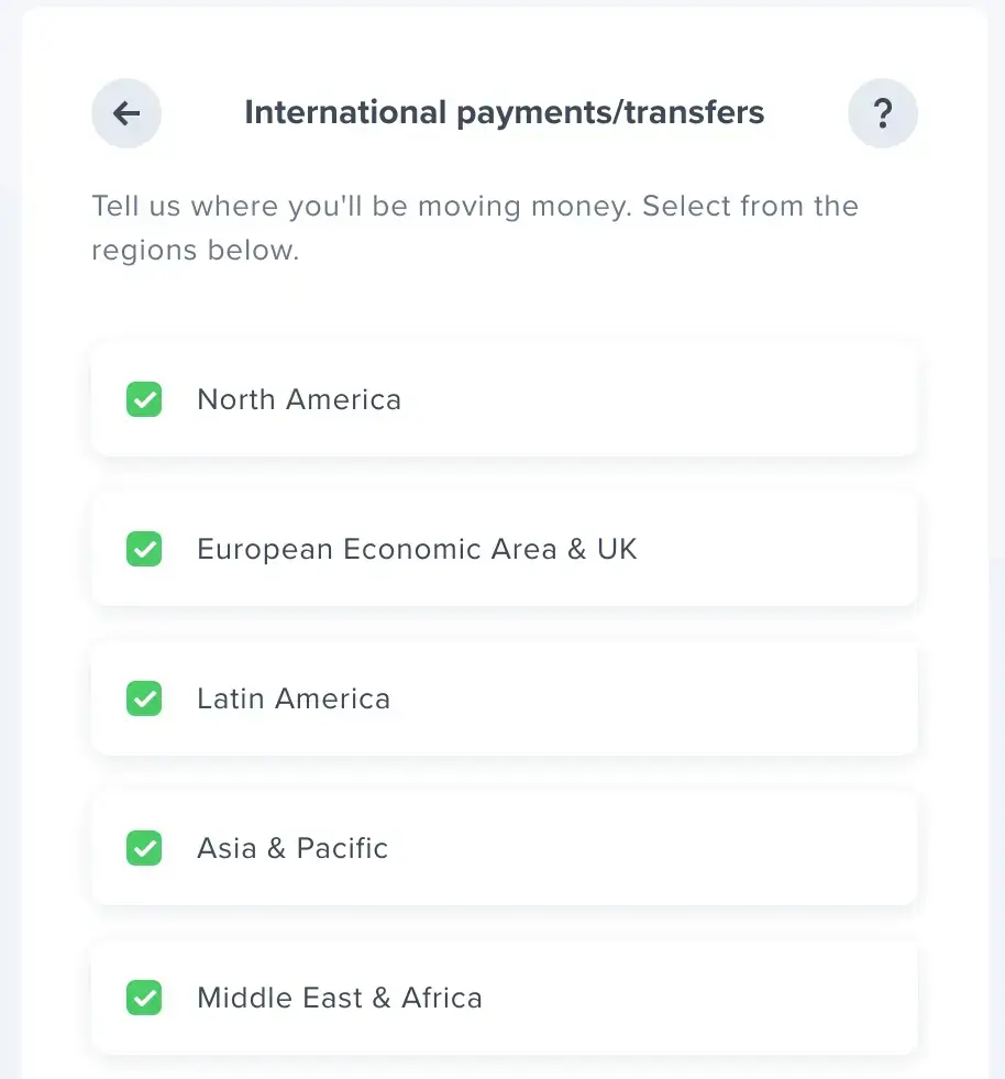 screenshot reading &quot;International payments/transfers Tell us where you&#39;ll be moving money. Select from the regions below.&quot;