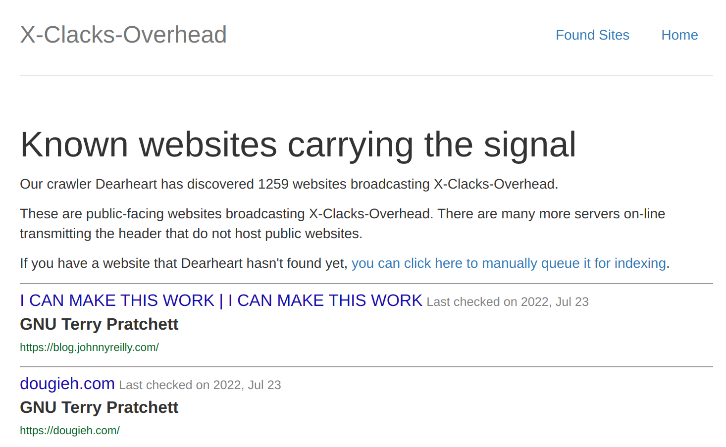 screenshot of https://xclacksoverhead.org/listing/the-signal showing this blog being listed