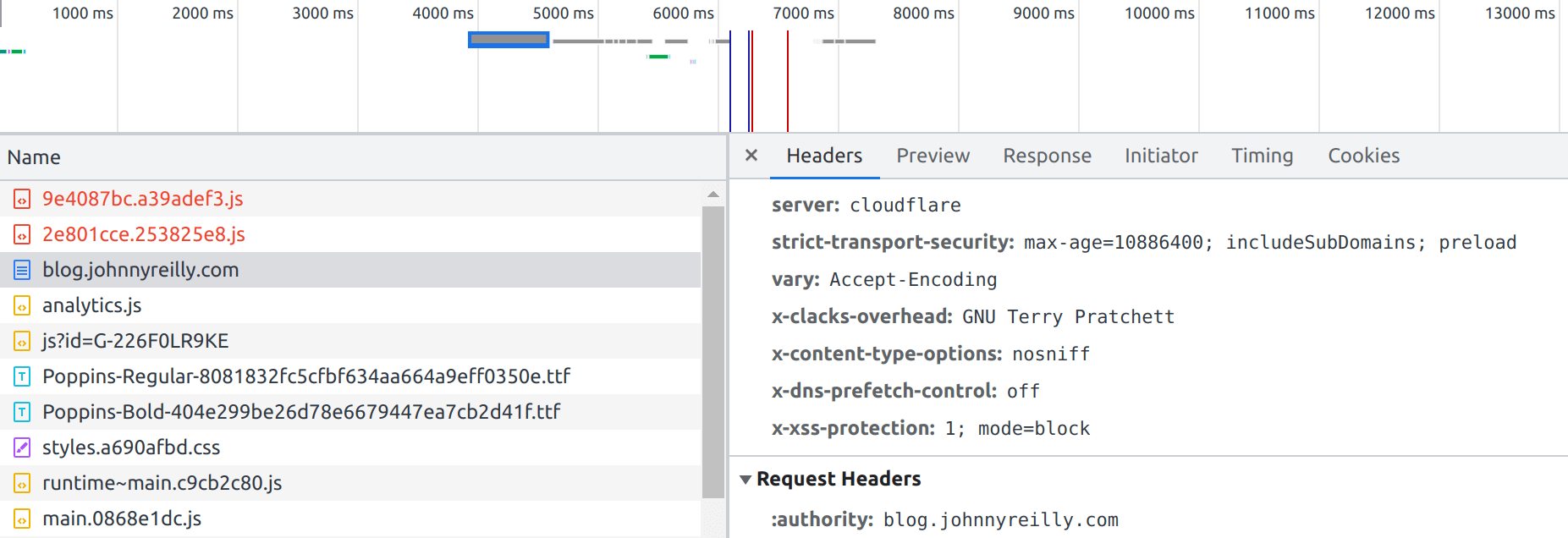 screenshot of Chrome Devtools showing the `x-clacks-overhead` header on this blog