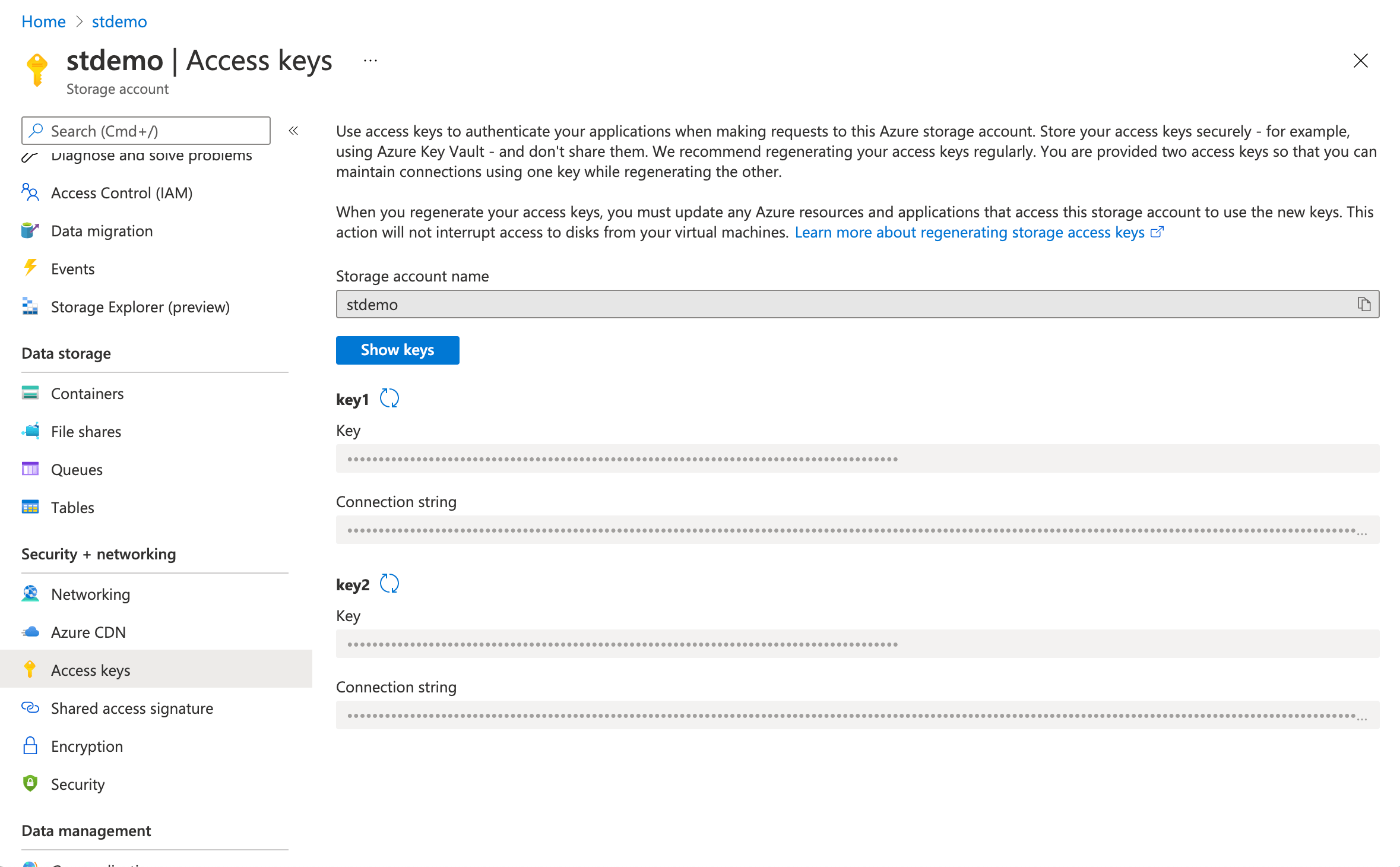 screenshot of storage account access keys in the Azure Portal