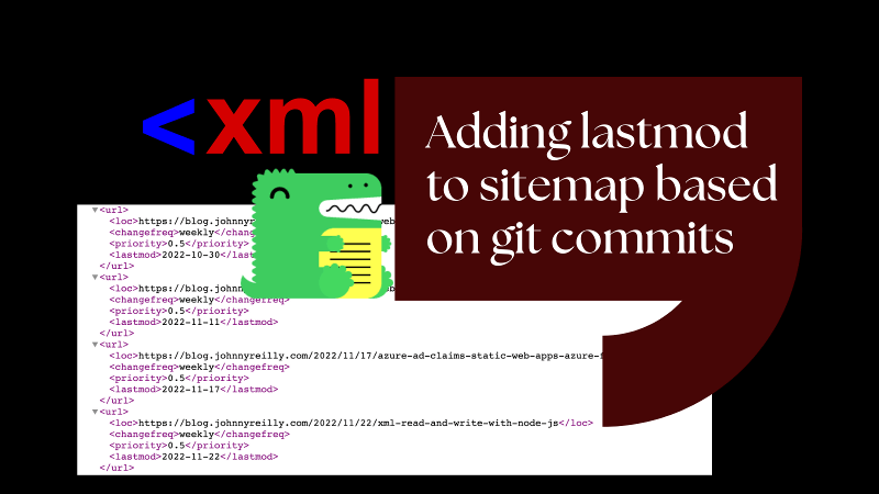 title image reading &quot;Adding lastmod to sitemap based on git commits&quot; with XML and Docusaurus logos