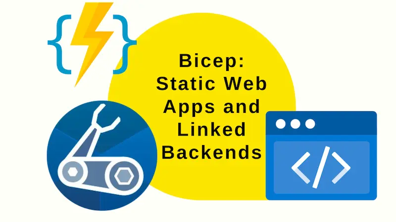 title image reading &quot;Bicep: Static Web Apps and Linked Backends&quot; with Bicep and Static Web App logos