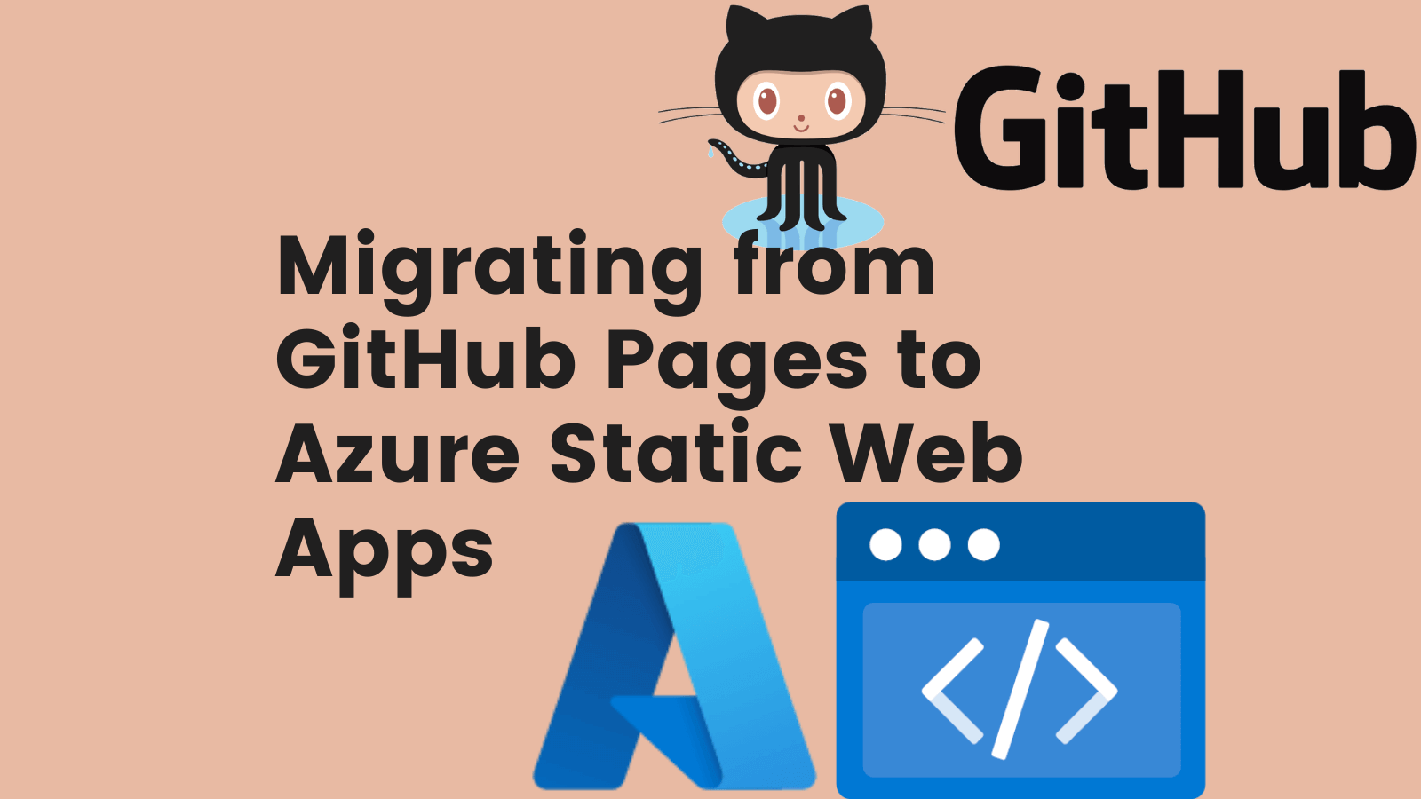 title image reading &quot;Migrating from GitHub Pages to Azure Static Web Apps&quot; with GitHub and Azure Static Web Apps logos