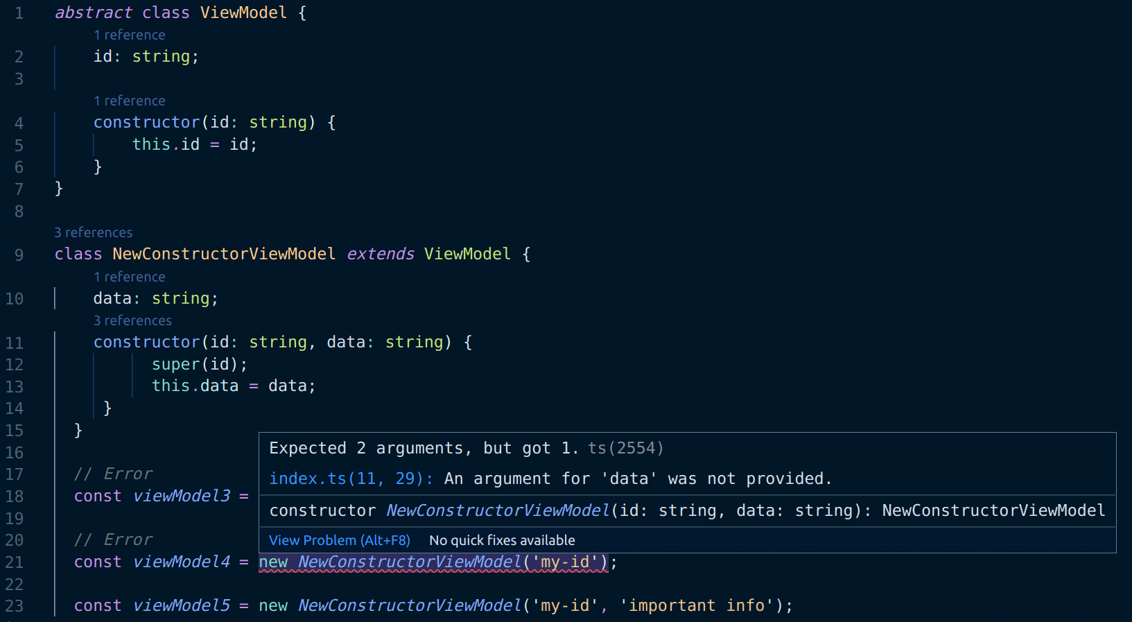 Screenshot of &quot;error TS2554: Expected 1 arguments, but got 1.&quot; error in VS Code
