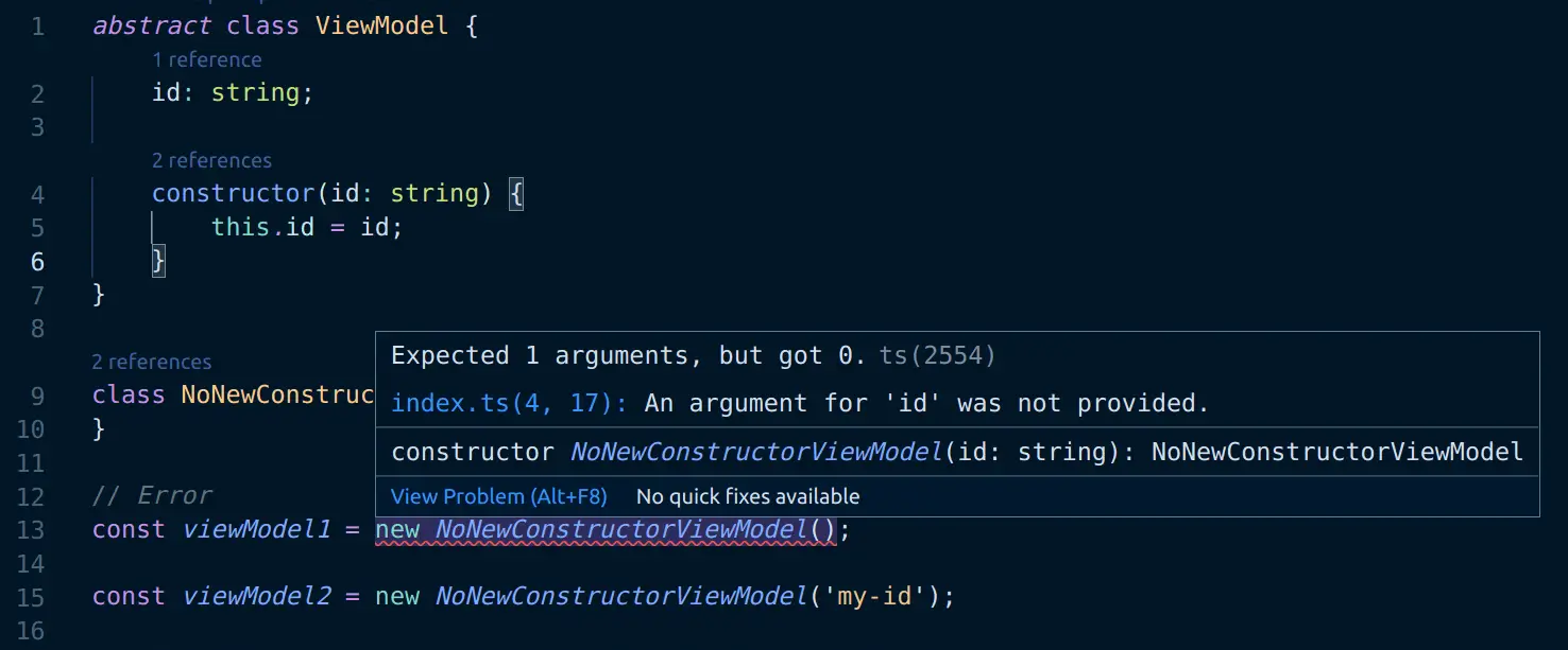 Screenshot of &quot;error TS2554: Expected 1 arguments, but got 0.&quot; error in VS Code