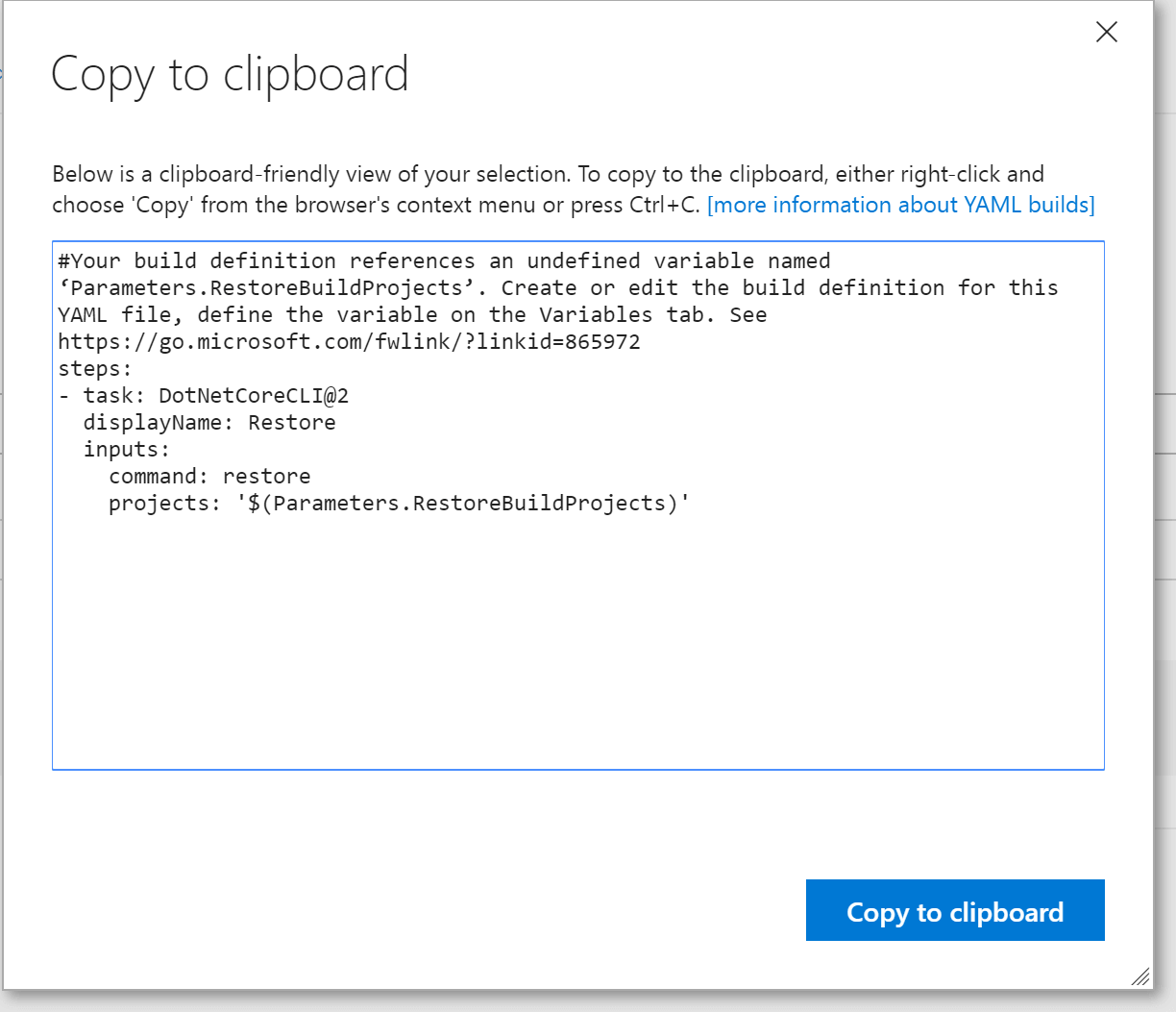 screenshot of copy to clipboard in VSTS